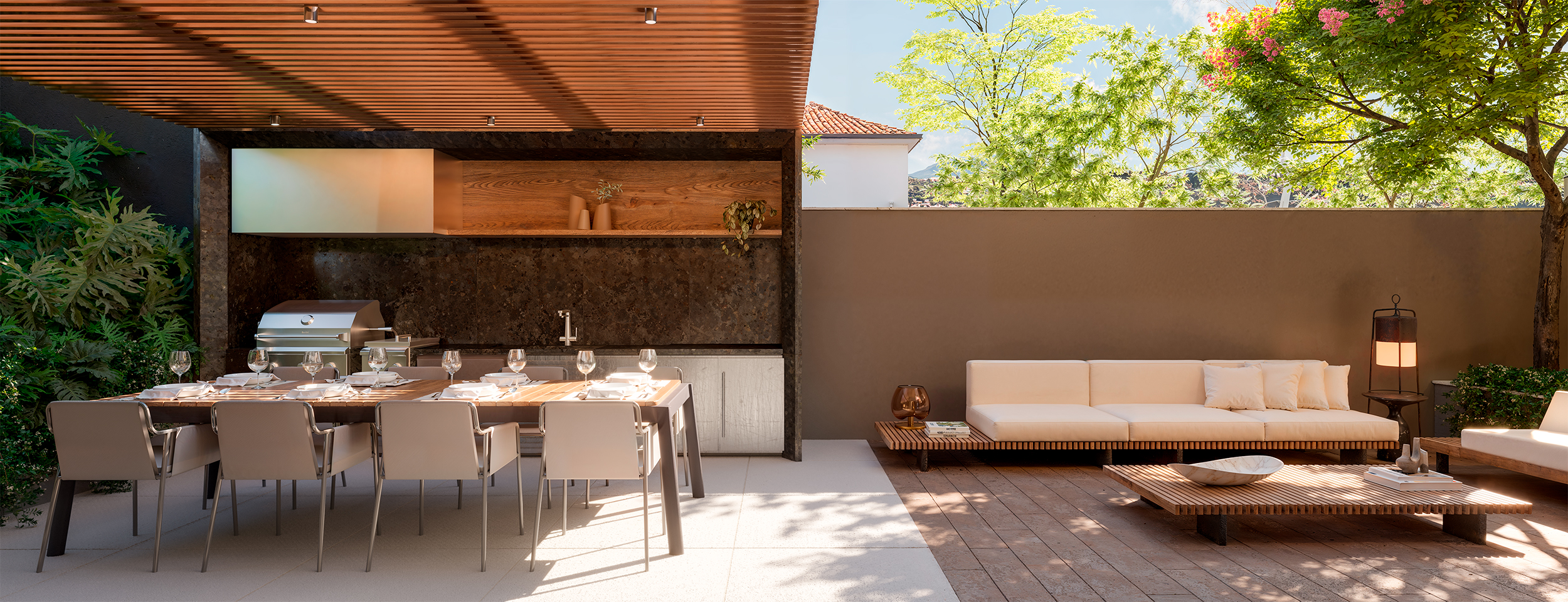 Lounge externo — cozinha gourmet e churrasqueira